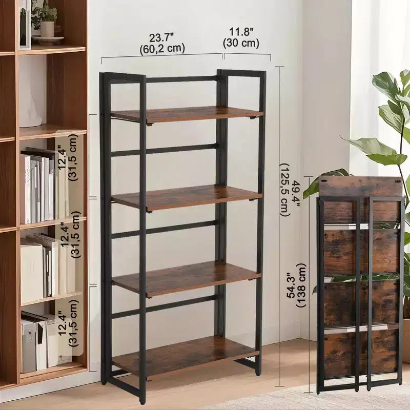 Libreria Pieghevole a 4 Ripiani Marrone Rustico con Struttura in Metallo, Montaggio per 1 Persona