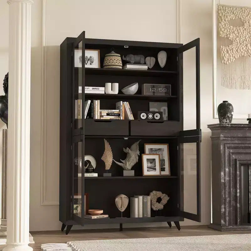 Libreria nera in stile moderno con ante in vetro e cassetti, montaggio per 1 persona