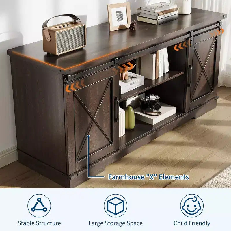 Mobile TV marrone stile rustico per TV da 65", ante scorrevoli a persiana, montaggio per 1 persona