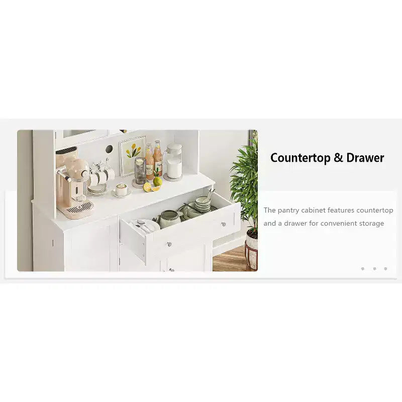 Dispensa da cucina a colonna in stile rustico bianco con ripiano, 5 ante, 14 ripiani e 1 cassetto