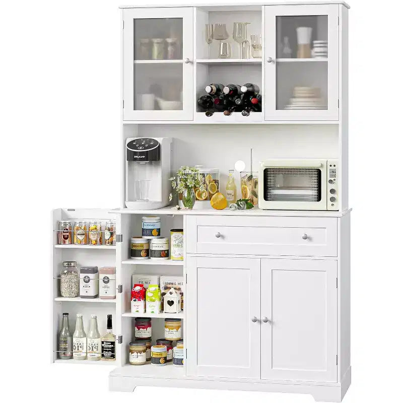 Dispensa da cucina a colonna in stile rustico bianco con ripiano, 5 ante, 14 ripiani e 1 cassetto