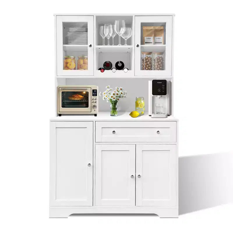 Dispensa da cucina a colonna in stile rustico bianco con ripiano, 5 ante, 14 ripiani e 1 cassetto