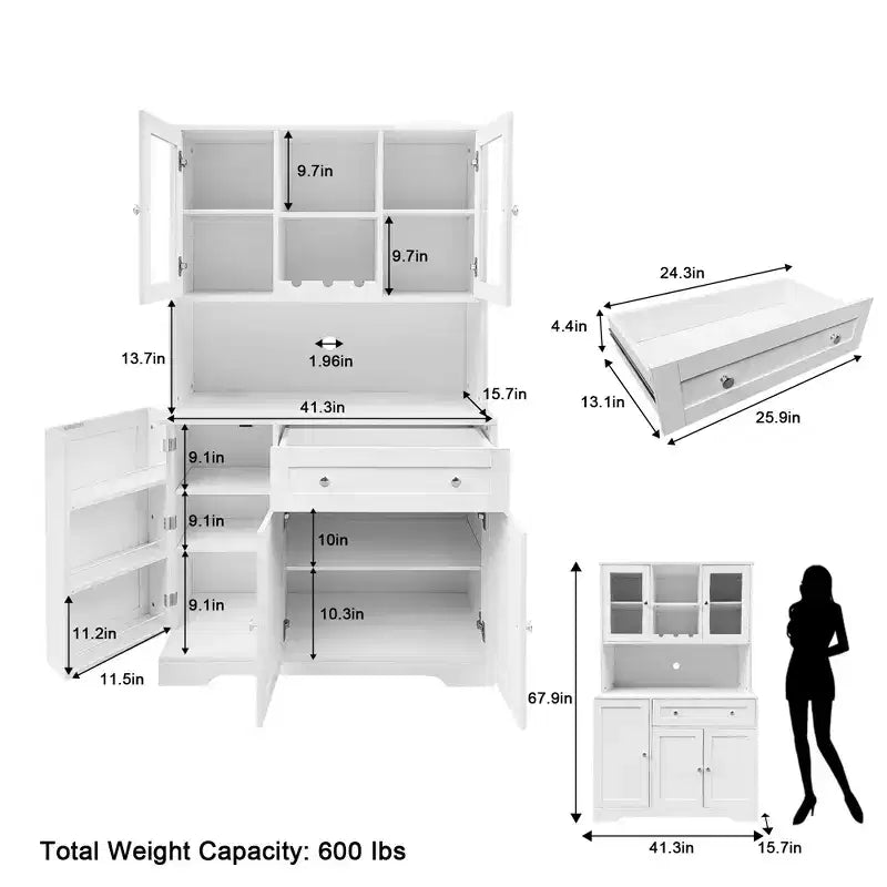 Dispensa da cucina a colonna in stile rustico bianco con ripiano, 5 ante, 14 ripiani e 1 cassetto