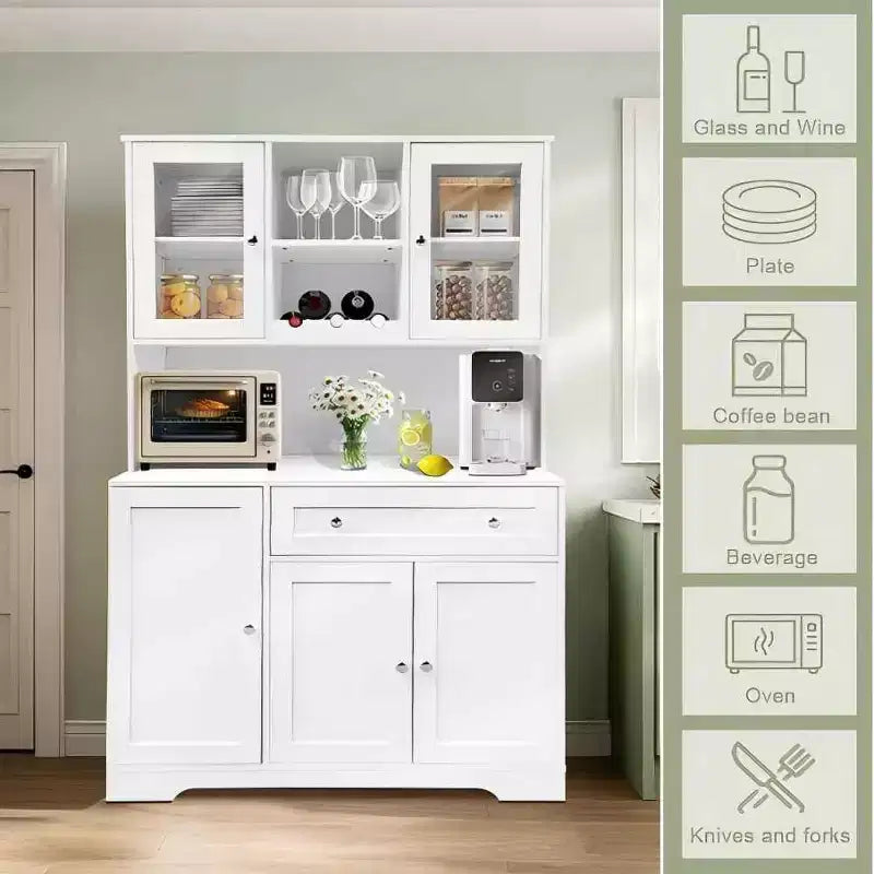 Dispensa da cucina a colonna in stile rustico bianco con ripiano, 5 ante, 14 ripiani e 1 cassetto
