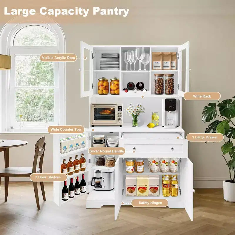 Dispensa da cucina a colonna in stile rustico bianco con ripiano, 5 ante, 14 ripiani e 1 cassetto