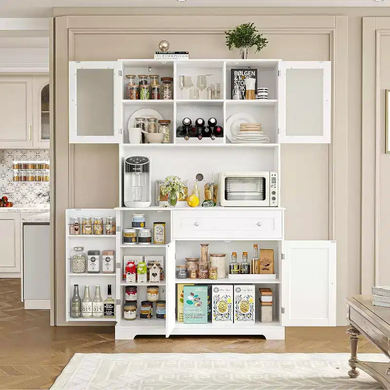 Dispensa da cucina a colonna in stile rustico bianco con ripiano, 5 ante, 14 ripiani e 1 cassetto