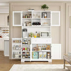 Dispensa da cucina a colonna in stile rustico bianco con ripiano, 5 ante, 14 ripiani e 1 cassetto