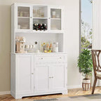 Dispensa da cucina a colonna in stile rustico bianco con ripiano, 5 ante, 14 ripiani e 1 cassetto