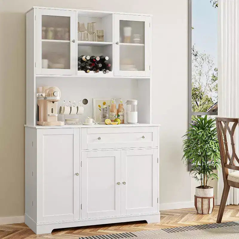 Dispensa da cucina a colonna in stile rustico bianco con ripiano, 5 ante, 14 ripiani e 1 cassetto