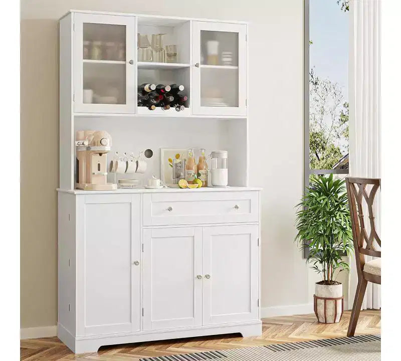 Dispensa da cucina a colonna in stile rustico bianco con ripiano, 5 ante, 14 ripiani e 1 cassetto