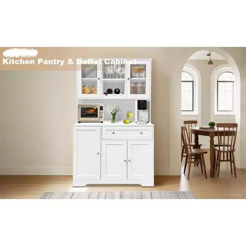 Dispensa da cucina a colonna in stile rustico bianco con ripiano, 5 ante, 14 ripiani e 1 cassetto