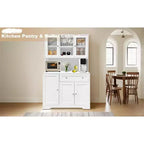 Dispensa da cucina a colonna in stile rustico bianco con ripiano, 5 ante, 14 ripiani e 1 cassetto