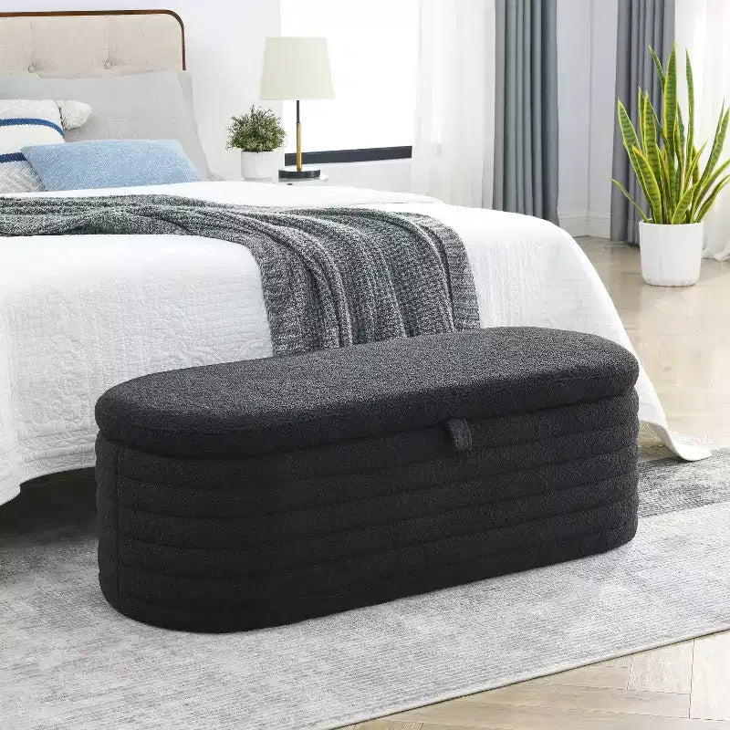 Panca Pouf Contenitore Ovale in Tessuto Grigio Imbottito, 1 Posto