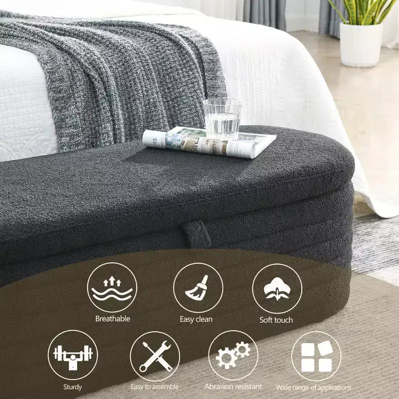 Panca Pouf Contenitore Ovale in Tessuto Grigio Imbottito, 1 Posto