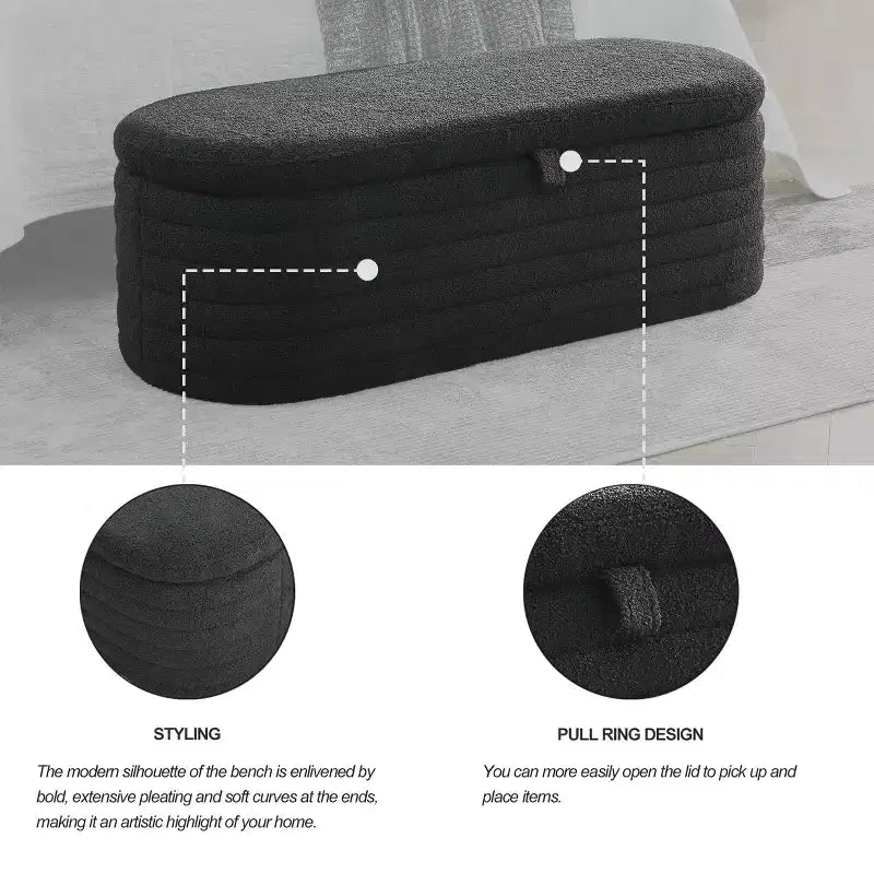 Panca Pouf Contenitore Ovale in Tessuto Grigio Imbottito, 1 Posto