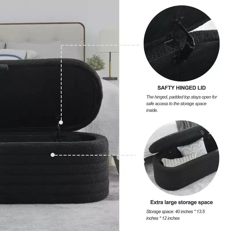 Panca Pouf Contenitore Ovale in Tessuto Grigio Imbottito, 1 Posto