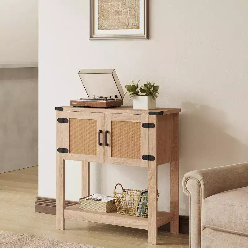 EROMMY Farmhouse Console Table with Rattan Doors, Entryway Table with Storage Cabinet, Entry Table with Large Storage Capacity for Kitchen, Hallway