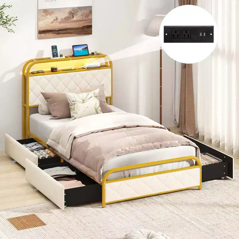Letto imbottito in velluto dorato con luci LED e contenitore, una piazza/una piazza e mezza/matrimoniale, 1-2 persone