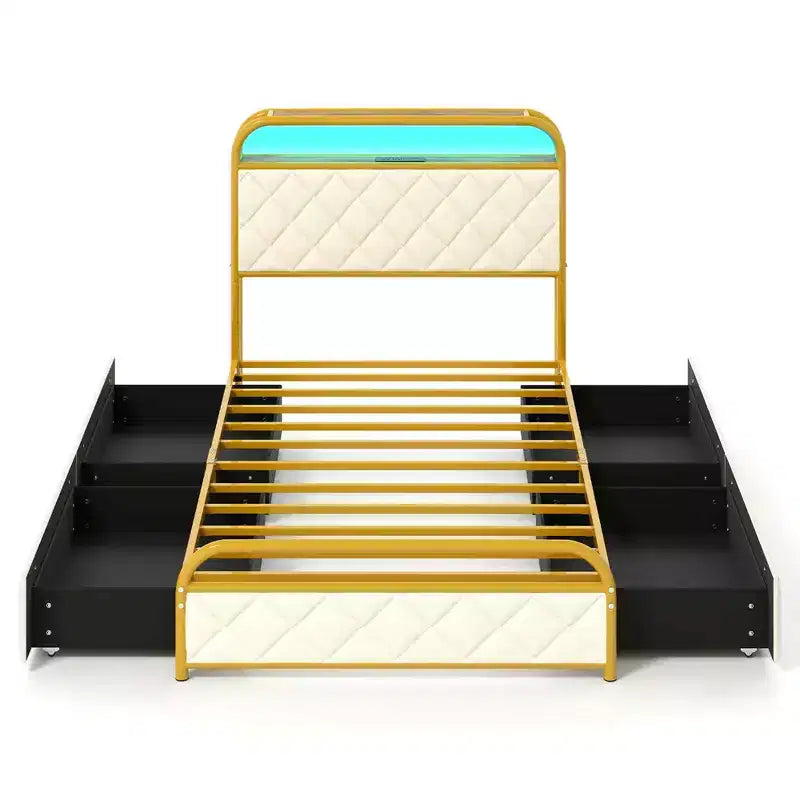Letto imbottito in velluto dorato con luci LED e contenitore, una piazza/una piazza e mezza/matrimoniale, 1-2 persone