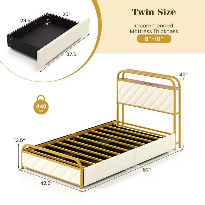 Letto imbottito in velluto dorato con luci LED e contenitore, una piazza/una piazza e mezza/matrimoniale, 1-2 persone