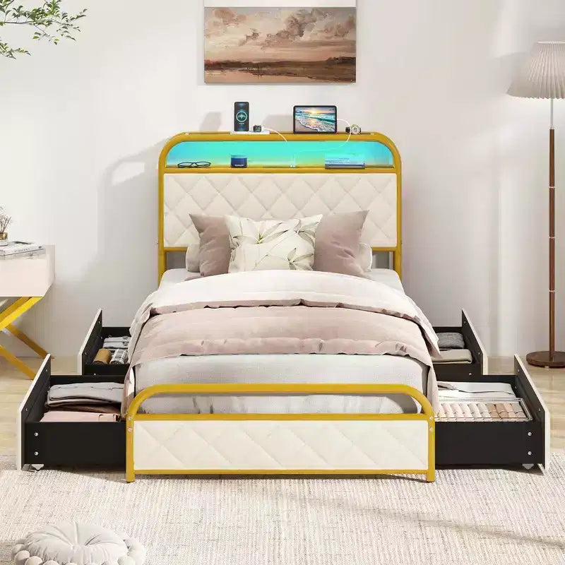 Letto imbottito in velluto dorato con luci LED e contenitore, una piazza/una piazza e mezza/matrimoniale, 1-2 persone