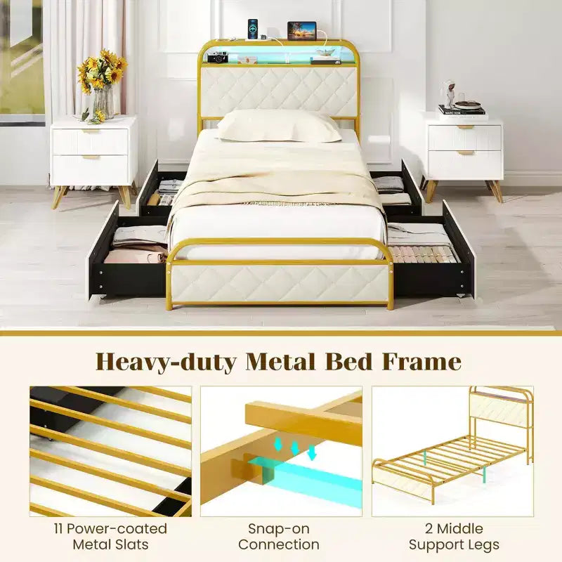 Letto imbottito in velluto dorato con luci LED e contenitore, una piazza/una piazza e mezza/matrimoniale, 1-2 persone