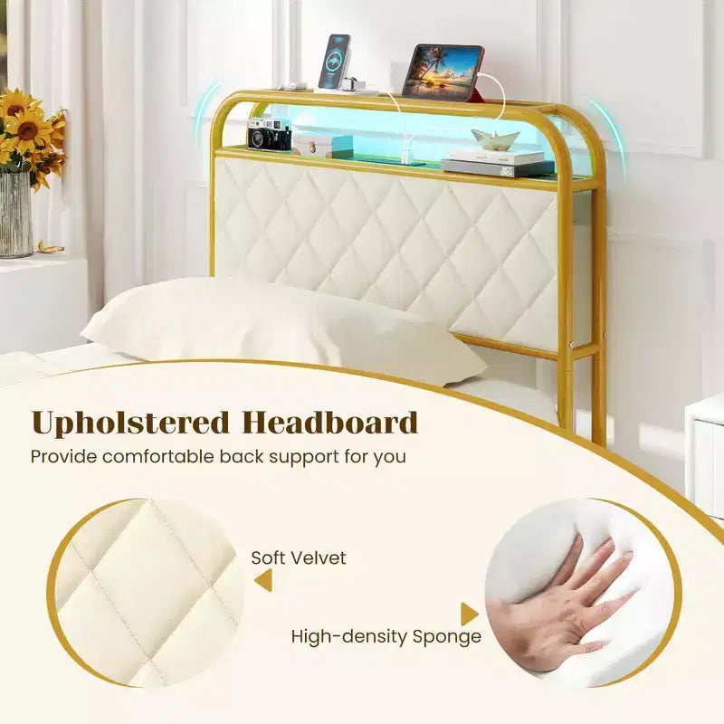 Letto imbottito in velluto dorato con luci LED e contenitore, una piazza/una piazza e mezza/matrimoniale, 1-2 persone