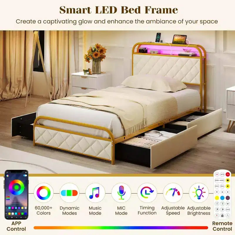 Letto imbottito in velluto dorato con luci LED e contenitore, una piazza/una piazza e mezza/matrimoniale, 1-2 persone