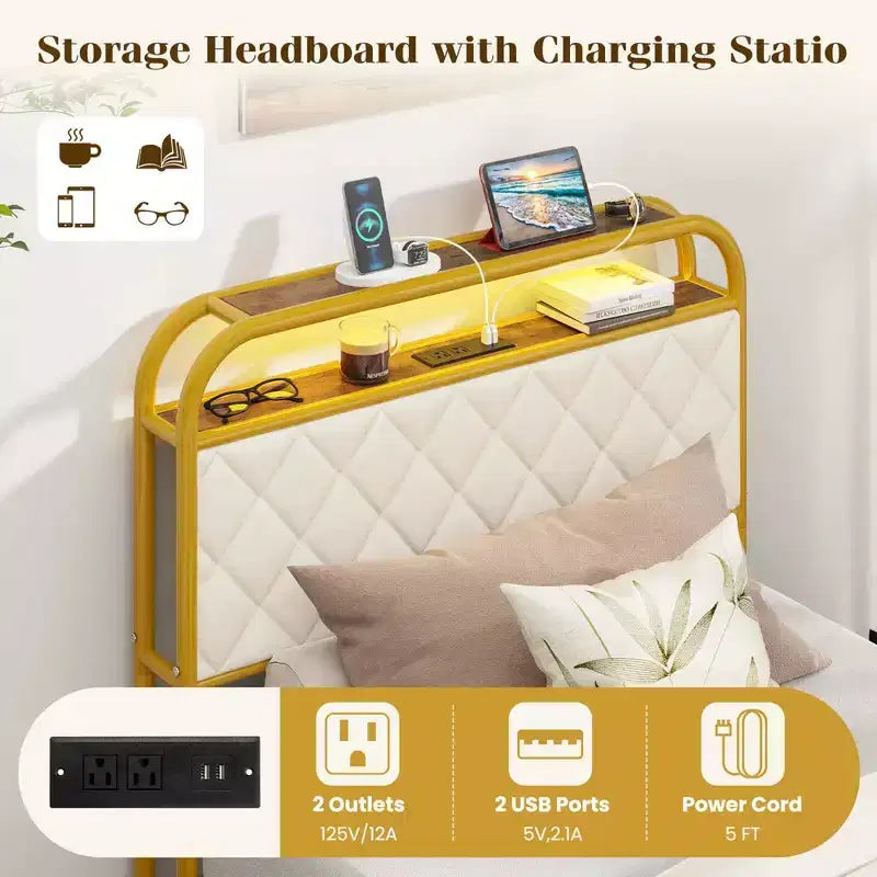 Letto imbottito in velluto dorato con luci LED e contenitore, una piazza/una piazza e mezza/matrimoniale, 1-2 persone