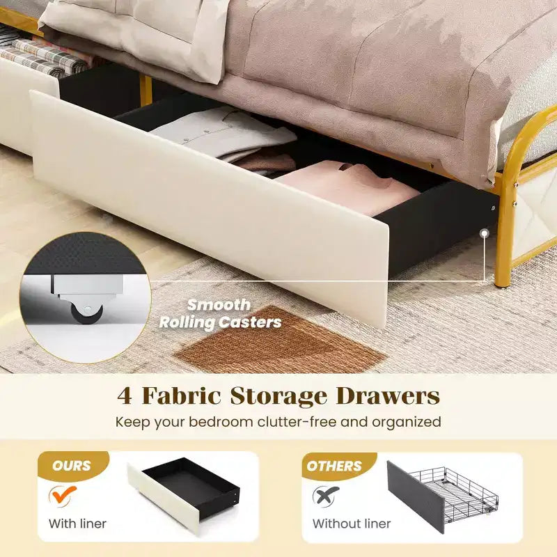 Letto imbottito in velluto dorato con luci LED e contenitore, una piazza/una piazza e mezza/matrimoniale, 1-2 persone