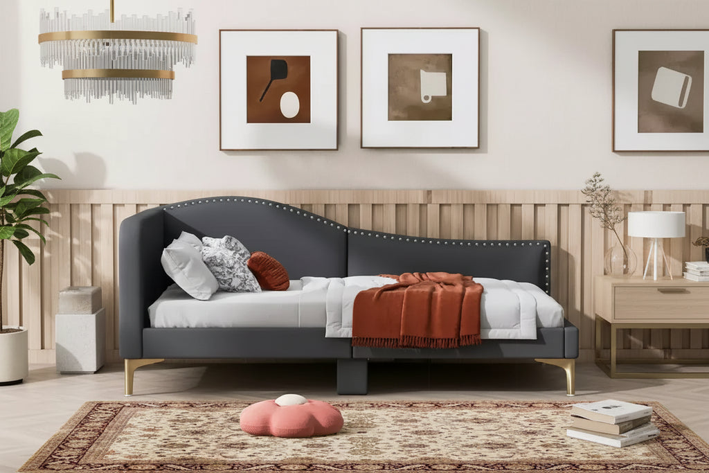 Daybed imbottito grigio/beige con testiera e bracciolo – Singolo/Una piazza e mezza, 1 persona
