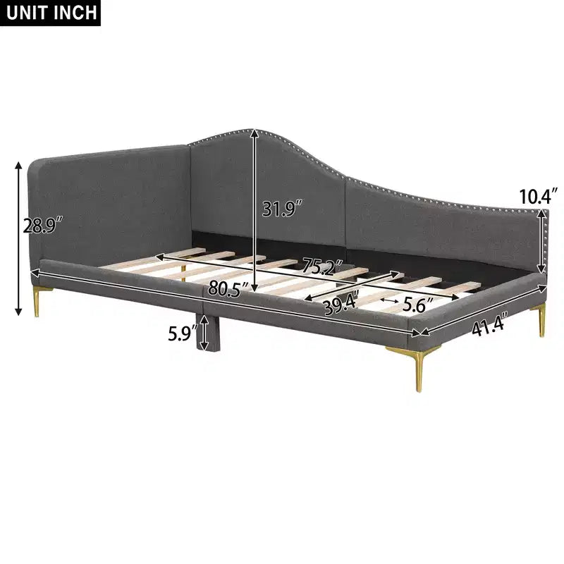 Daybed imbottito grigio/beige con testiera e bracciolo – Singolo/Una piazza e mezza, 1 persona