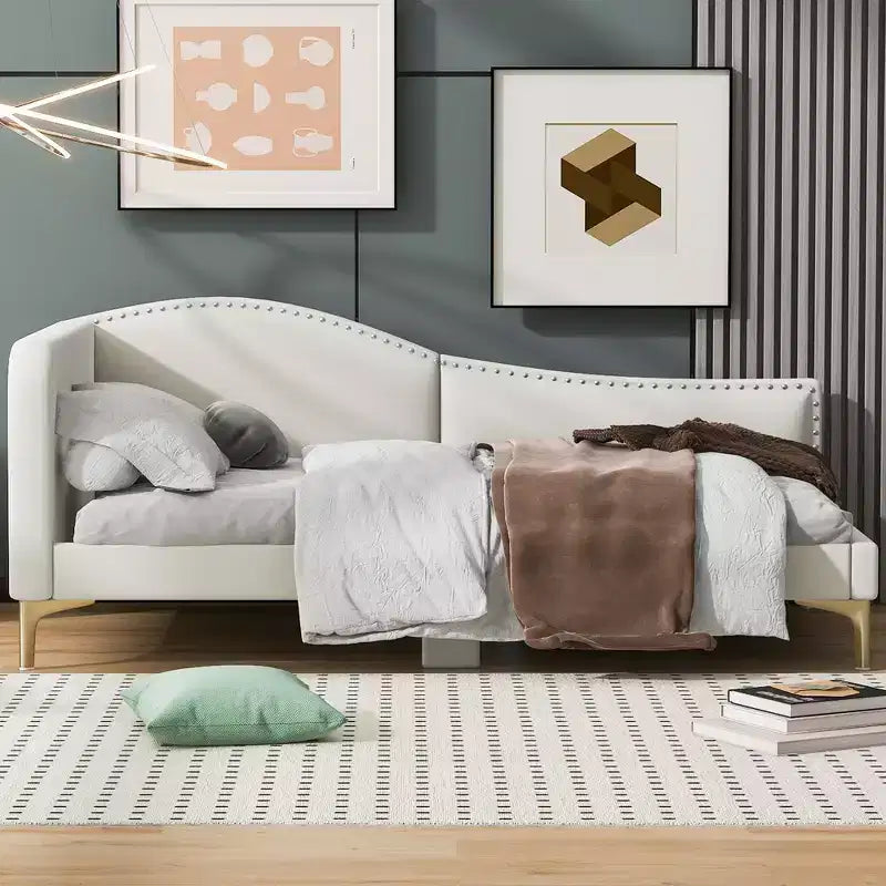 Daybed imbottito grigio/beige con testiera e bracciolo – Singolo/Una piazza e mezza, 1 persona