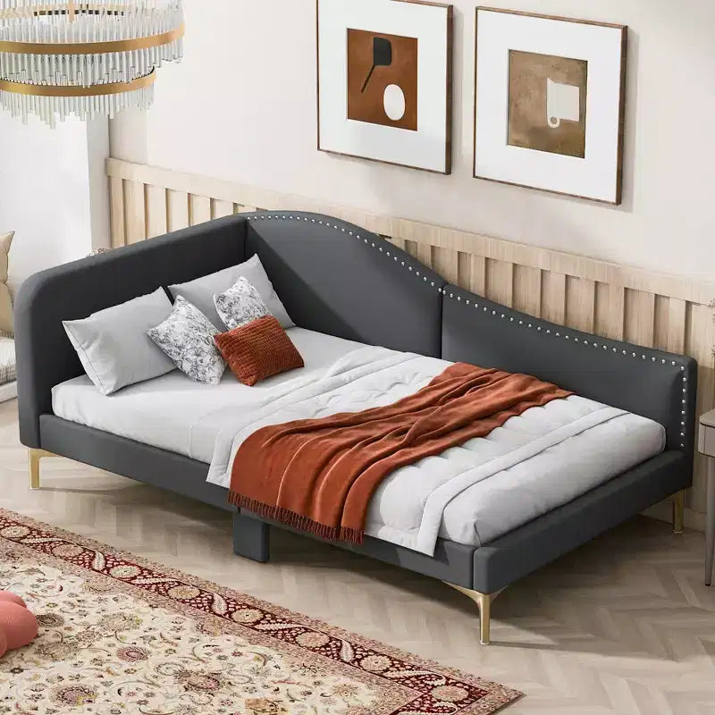 Daybed imbottito grigio/beige con testiera e bracciolo – Singolo/Una piazza e mezza, 1 persona