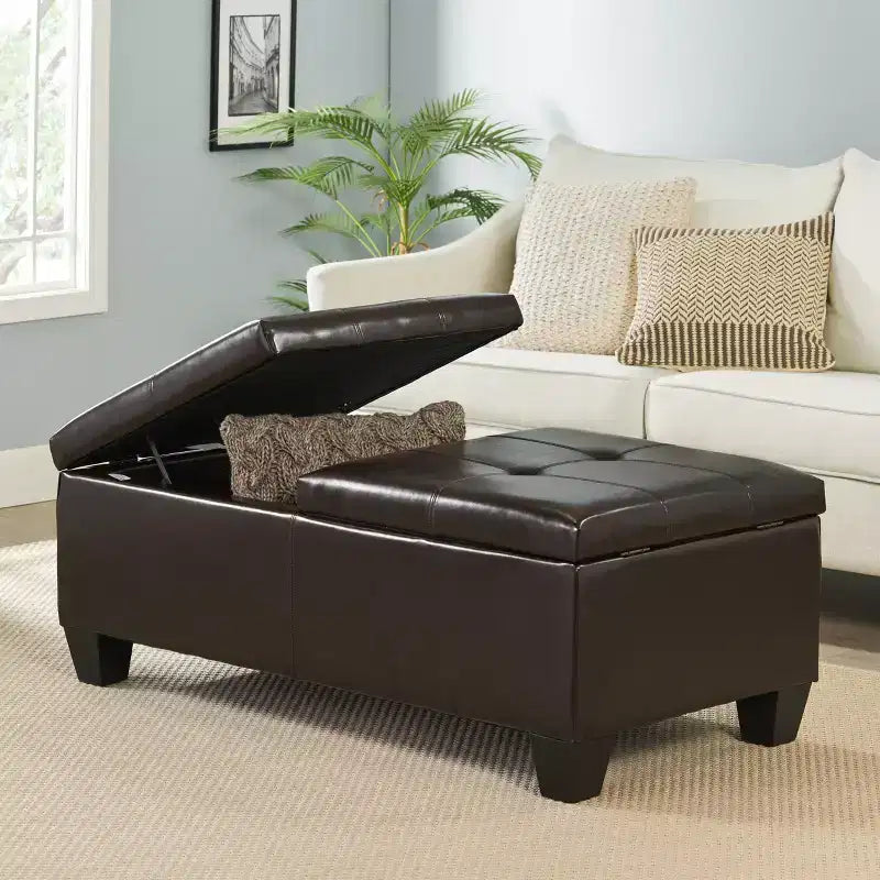 Pouf Contenitore con Doppio Sollevamento in Similpelle Marrone, 1 Posto