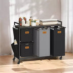 LEDREM Chestnut Brown, Ink Black and Dove Gray 39.6 Gal. (150 L) 4 - Compartment Laundry Hamper. A rolling laundry cart with shelves and 6 labels.