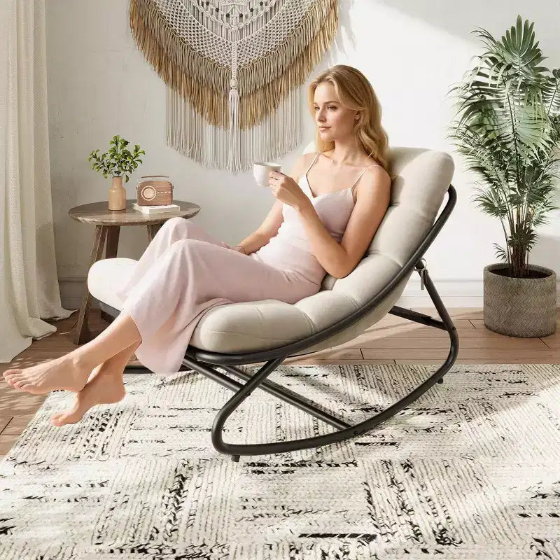 Sedia a dondolo Papasan oversize beige/marrone/grigia, telaio in acciaio, per 1 persona