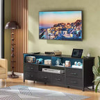 Mobile TV nero con luci a LED e stazione di ricarica, 6 cassetti in tessuto, adatto a TV fino a 60"
