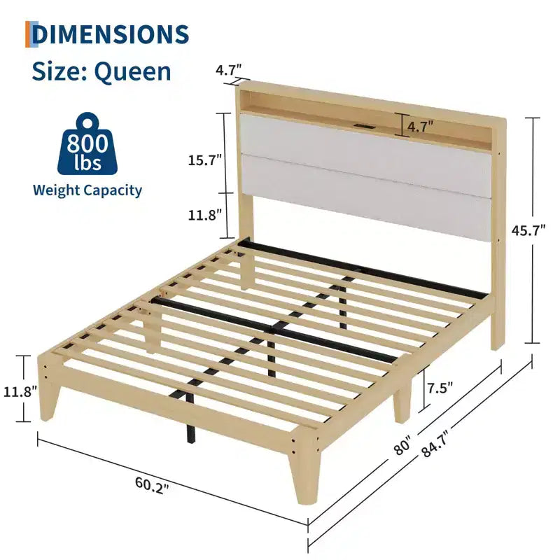 Struttura letto Queen Boucle con piattaforma, Beige/Bianco, 1 persona, Luci a LED e Stazione di ricarica