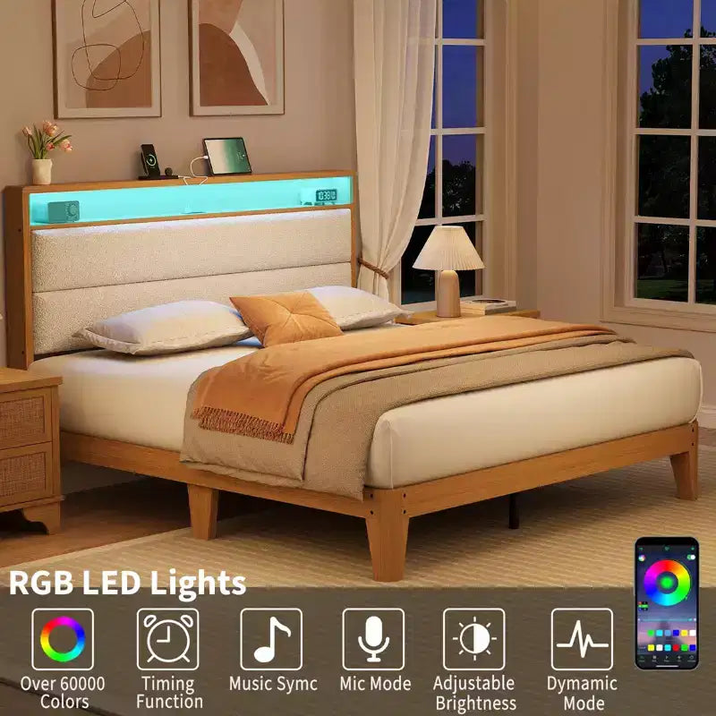 Struttura letto Queen Boucle con piattaforma, Beige/Bianco, 1 persona, Luci a LED e Stazione di ricarica