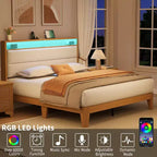 Struttura letto Queen Boucle con piattaforma, Beige/Bianco, 1 persona, Luci a LED e Stazione di ricarica