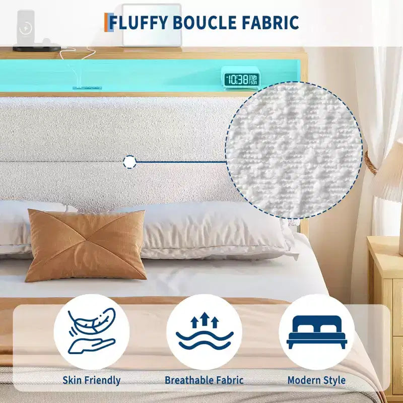 Struttura letto Queen Boucle con piattaforma, Beige/Bianco, 1 persona, Luci a LED e Stazione di ricarica