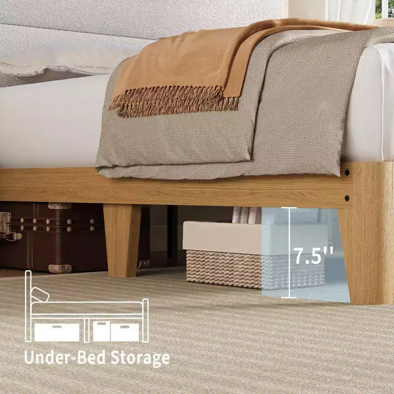 Struttura letto Queen Boucle con piattaforma, Beige/Bianco, 1 persona, Luci a LED e Stazione di ricarica