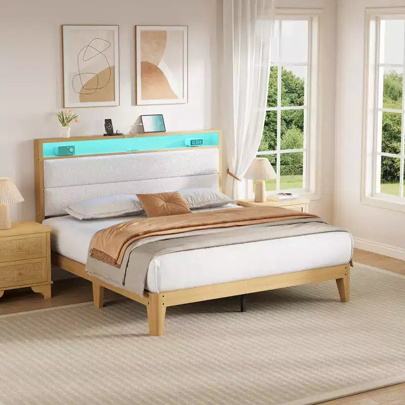 Struttura letto Queen Boucle con piattaforma, Beige/Bianco, 1 persona, Luci a LED e Stazione di ricarica