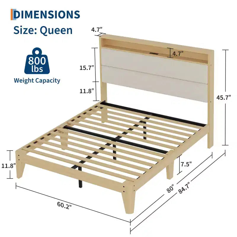 Struttura letto Queen Boucle con piattaforma, Beige/Bianco, 1 persona, Luci a LED e Stazione di ricarica