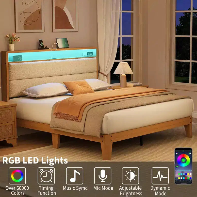 Struttura letto Queen Boucle con piattaforma, Beige/Bianco, 1 persona, Luci a LED e Stazione di ricarica