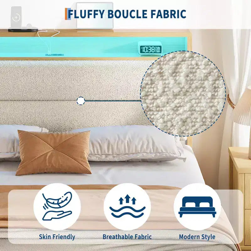 Struttura letto Queen Boucle con piattaforma, Beige/Bianco, 1 persona, Luci a LED e Stazione di ricarica