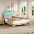 Struttura letto Queen Boucle con piattaforma, Beige/Bianco, 1 persona, Luci a LED e Stazione di ricarica