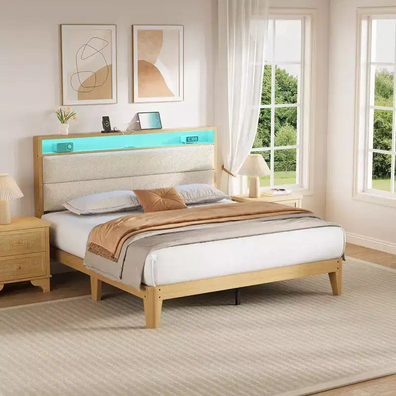 Struttura letto Queen Boucle con piattaforma, Beige/Bianco, 1 persona, Luci a LED e Stazione di ricarica