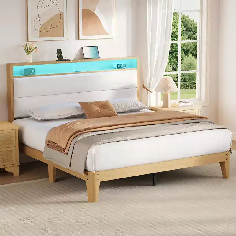 Struttura letto Queen Boucle con piattaforma, Beige/Bianco, 1 persona, Luci a LED e Stazione di ricarica